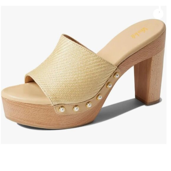miss left Beige Platform Chunky High Heel Mules Open Toe Studded Slide Sandals - Picture 1 of 8